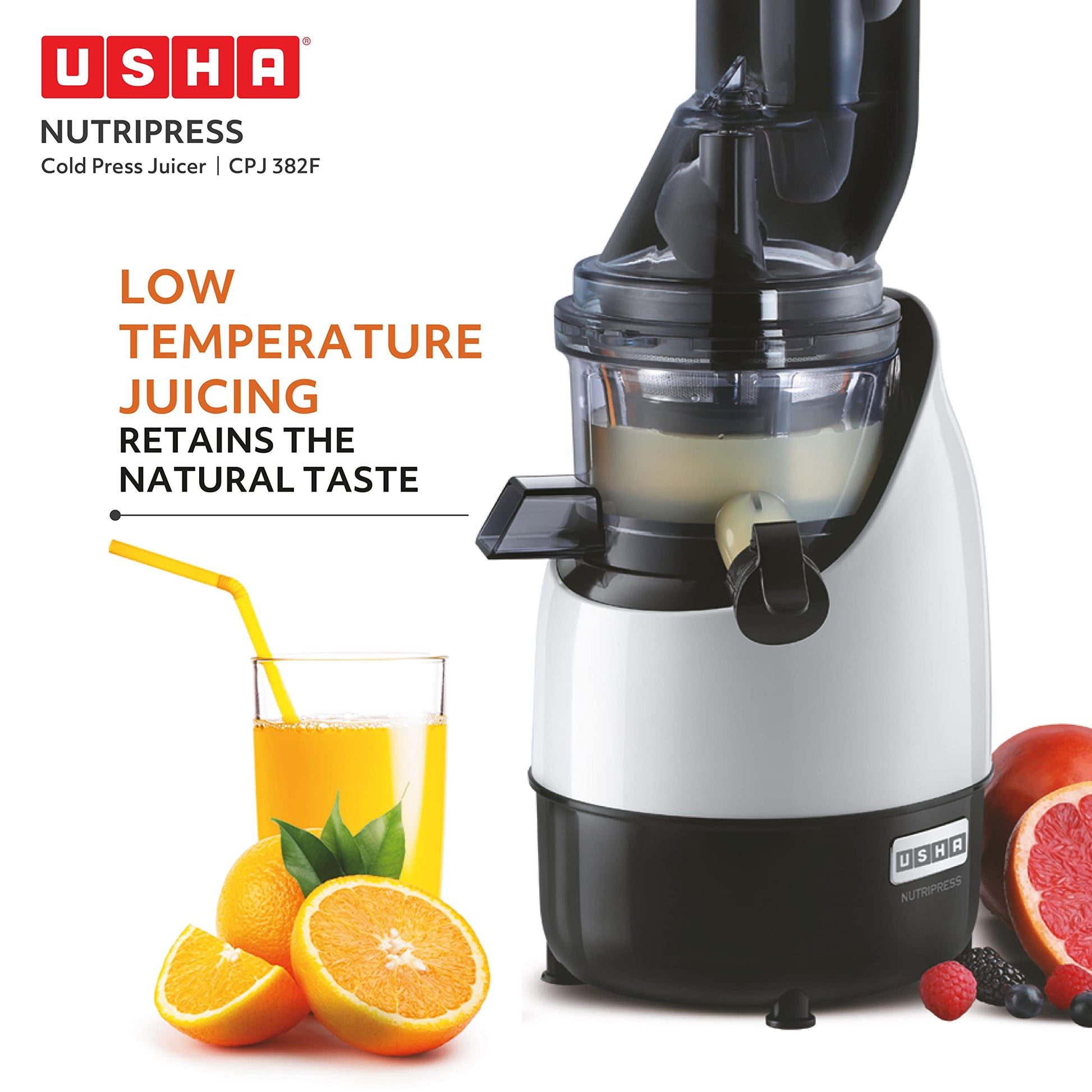 USHA Cpj 382F Nutripress Cold Press Juicer with Full Mouth Feeding Tube, 200 Watts (Black & White), 200 Watt 