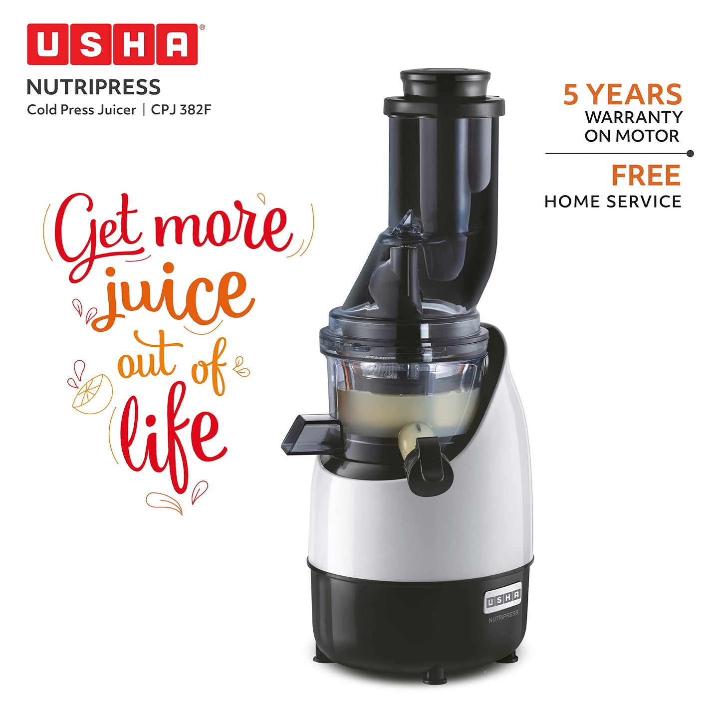 USHA Cpj 382F Nutripress Cold Press Juicer with Full Mouth Feeding Tube, 200 Watts (Black & White), 200 Watt 