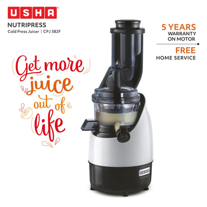 USHA Cpj 382F Nutripress Cold Press Juicer with Full Mouth Feeding Tube, 200 Watts (Black & White), 200 Watt 