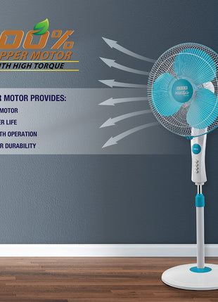 USHA Maxx Air Ultra Pedestal Fan | 400MM Sweep Size | 1350 RPM | Aerodynamic Blade Design for High Air Delivery | Anti - Rust Protection | Copper Motor | Light Blue 