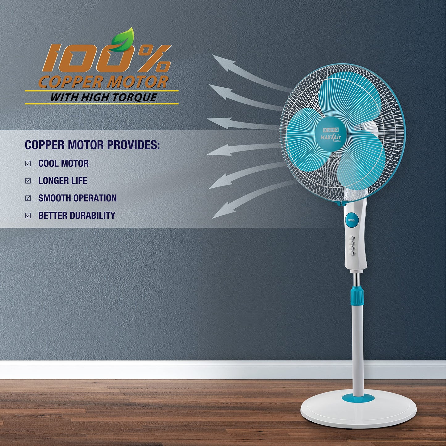USHA Maxx Air Ultra Pedestal Fan | 400MM Sweep Size | 1350 RPM | Aerodynamic Blade Design for High Air Delivery | Anti - Rust Protection | Copper Motor | Light Blue 