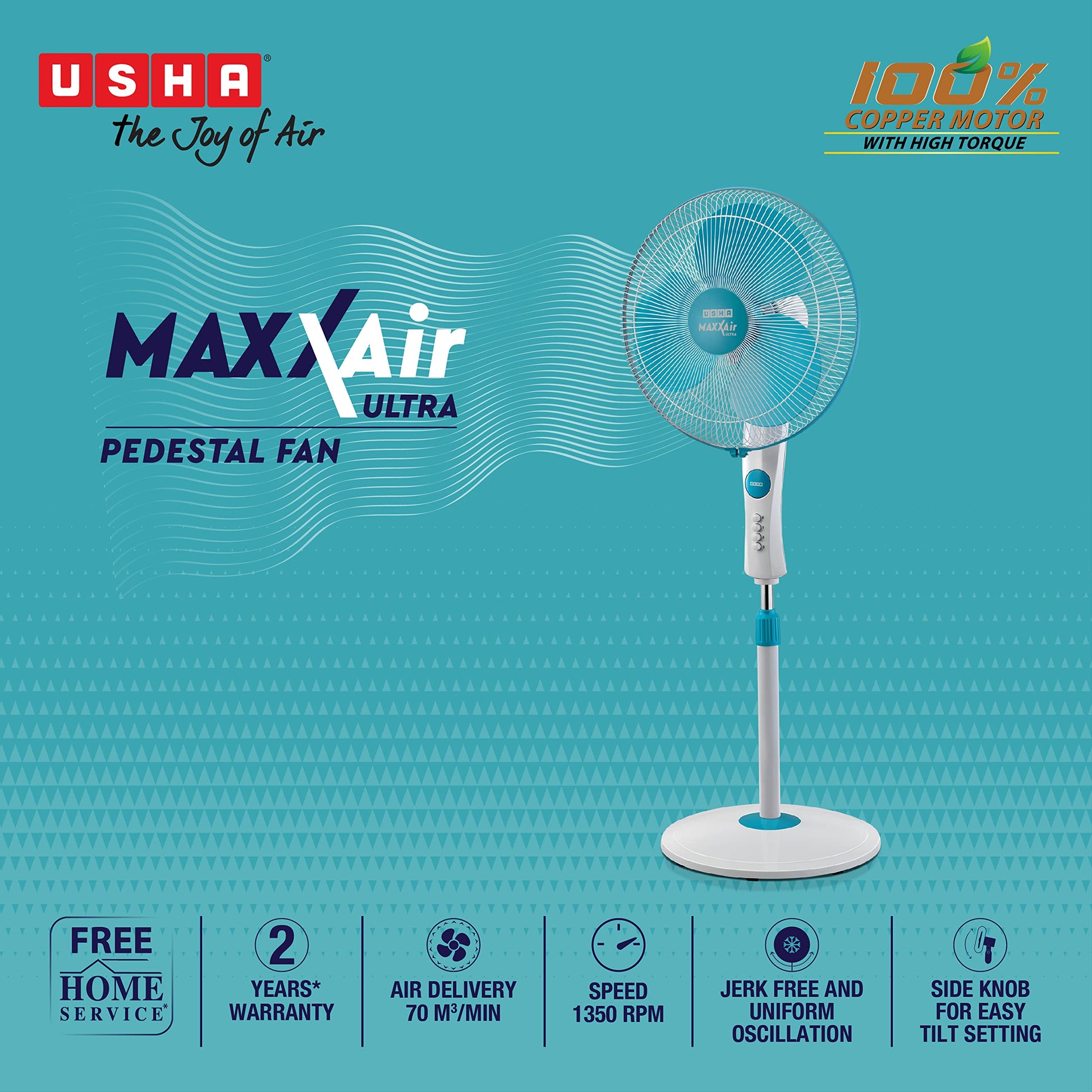 USHA Maxx Air Ultra Pedestal Fan | 400MM Sweep Size | 1350 RPM | Aerodynamic Blade Design for High Air Delivery | Anti - Rust Protection | Copper Motor | Light Blue 