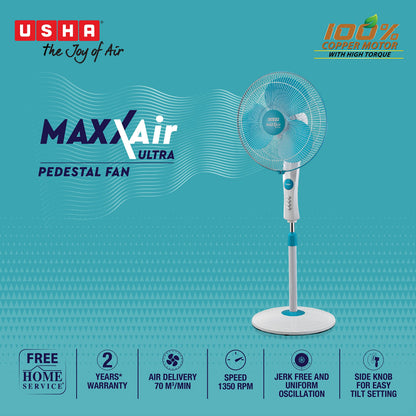USHA Maxx Air Ultra Pedestal Fan | 400MM Sweep Size | 1350 RPM | Aerodynamic Blade Design for High Air Delivery | Anti - Rust Protection | Copper Motor | Light Blue 