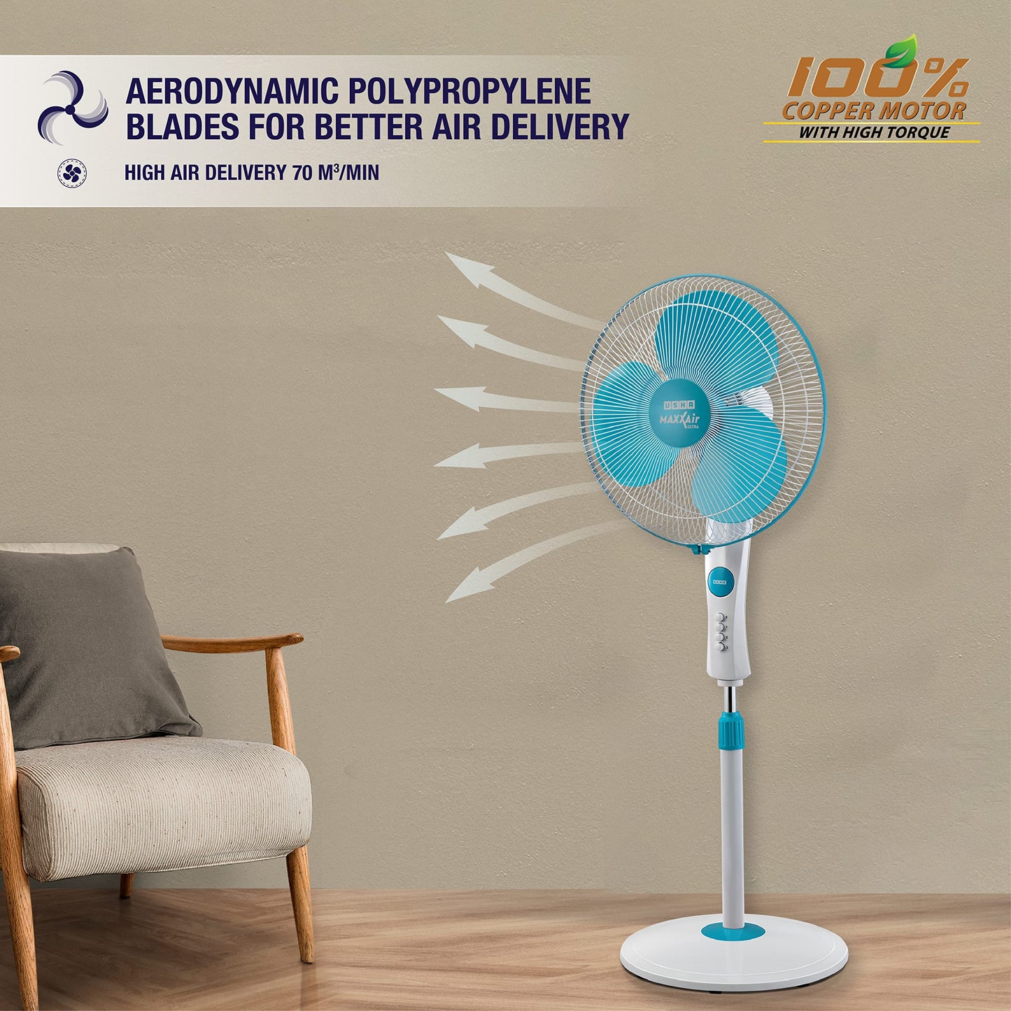 USHA Maxx Air Ultra Pedestal Fan | 400MM Sweep Size | 1350 RPM | Aerodynamic Blade Design for High Air Delivery | Anti - Rust Protection | Copper Motor | Light Blue 