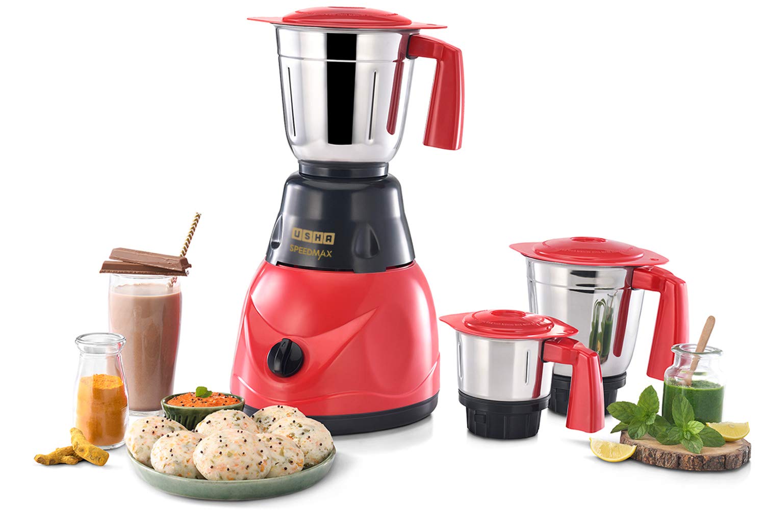 USHA SpeedMax 500-Watt Copper Motor Mixer Grinder with 3 Jars (Red/Black) 