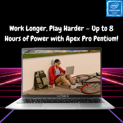 Ultimus APEX Pro Intel Pentium Quad Core Laptop 4GB RAM 128GB eMMC SSD Expandable~512GB Ultra Thin Bezel 180° Hinge 2.0x1 3.0x1 USB HDMI SD Card Slot Dual Speaker Win11 Home Space Gray 1.2Kg 