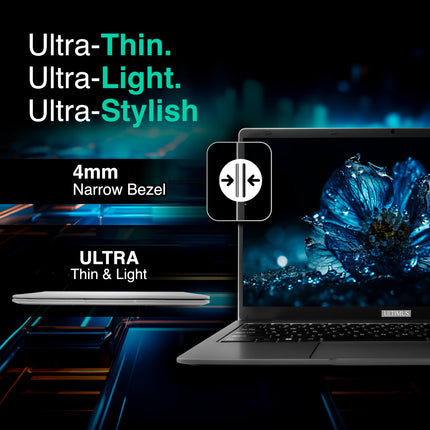 Ultimus APEX Pro Intel Pentium Quad Core Laptop 4GB RAM 128GB eMMC SSD Expandable~512GB Ultra Thin Bezel 180° Hinge 2.0x1 3.0x1 USB HDMI SD Card Slot Dual Speaker Win11 Home Space Gray 1.2Kg 