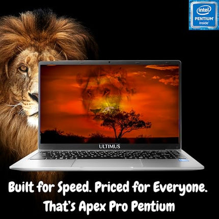 Ultimus APEX Pro Intel Pentium Quad Core Laptop 4GB RAM 128GB eMMC SSD Expandable~512GB Ultra Thin Bezel 180° Hinge 2.0x1 3.0x1 USB HDMI SD Card Slot Dual Speaker Win11 Home Space Gray 1.2Kg 
