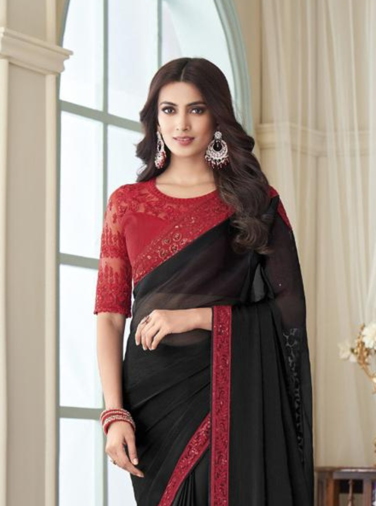 Fancy Soft Silk Designer Saree combination of Red & black Party wear Saree