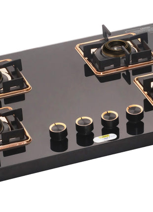 Urban Chef Gas Stove 4 Burners Glass Top | ISI Certified 4 Burner Stoves | Gas Chulha LPG & PNG Compatible | Burner Auto Ignition Cooktop | Easy Grip Knobs,7mm Thick Toughened Glass (Hob Top-Rose Gold 