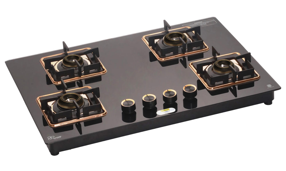 Urban Chef Gas Stove 4 Burners Glass Top | ISI Certified 4 Burner Stoves | Gas Chulha LPG & PNG Compatible | Burner Auto Ignition Cooktop | Easy Grip Knobs,7mm Thick Toughened Glass (Hob Top-Rose Gold