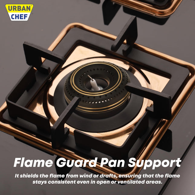 Urban Chef Gas Stove 4 Burners Glass Top | ISI Certified 4 Burner Stoves | Gas Chulha LPG & PNG Compatible | Burner Auto Ignition Cooktop | Easy Grip Knobs,7mm Thick Toughened Glass (Hob Top-Rose Gold 