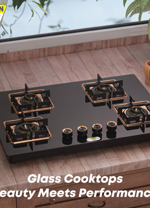 Urban Chef Gas Stove 4 Burners Glass Top | ISI Certified 4 Burner Stoves | Gas Chulha LPG & PNG Compatible | Burner Auto Ignition Cooktop | Easy Grip Knobs,7mm Thick Toughened Glass (Hob Top-Rose Gold 