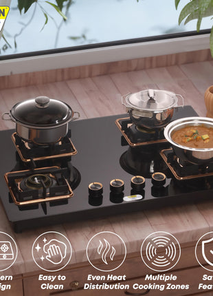 Urban Chef Gas Stove 4 Burners Glass Top | ISI Certified 4 Burner Stoves | Gas Chulha LPG & PNG Compatible | Burner Auto Ignition Cooktop | Easy Grip Knobs,7mm Thick Toughened Glass (Hob Top-Rose Gold 