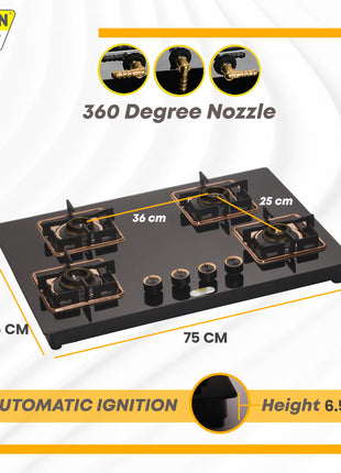 Urban Chef Gas Stove 4 Burners Glass Top | ISI Certified 4 Burner Stoves | Gas Chulha LPG & PNG Compatible | Burner Auto Ignition Cooktop | Easy Grip Knobs,7mm Thick Toughened Glass (Hob Top-Rose Gold 
