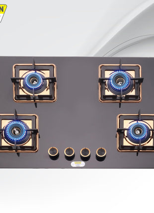 Urban Chef Gas Stove 4 Burners Glass Top | ISI Certified 4 Burner Stoves | Gas Chulha LPG & PNG Compatible | Burner Auto Ignition Cooktop | Easy Grip Knobs,7mm Thick Toughened Glass (Hob Top-Rose Gold 