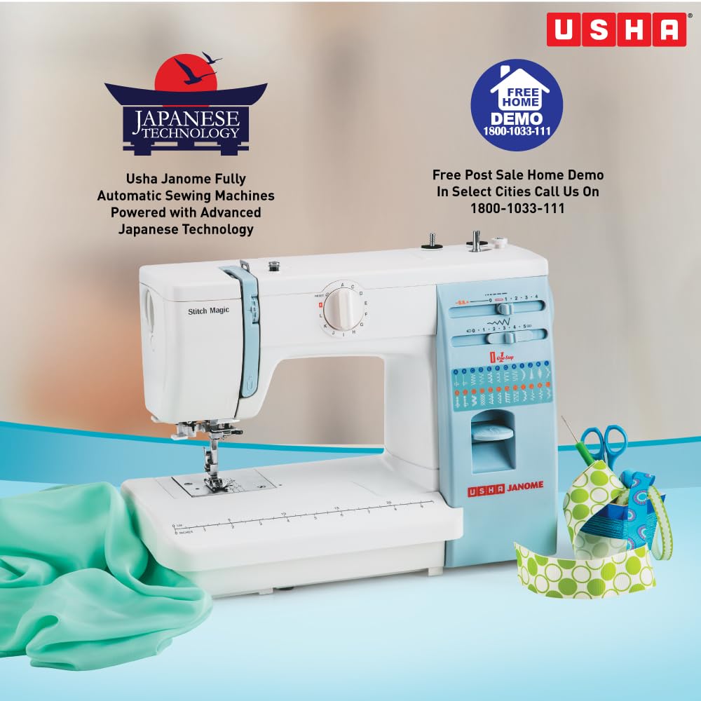 Usha Janome Automatic Stitch Magic Sewing Machine with 57 Stitch Function(White And Blue) 
