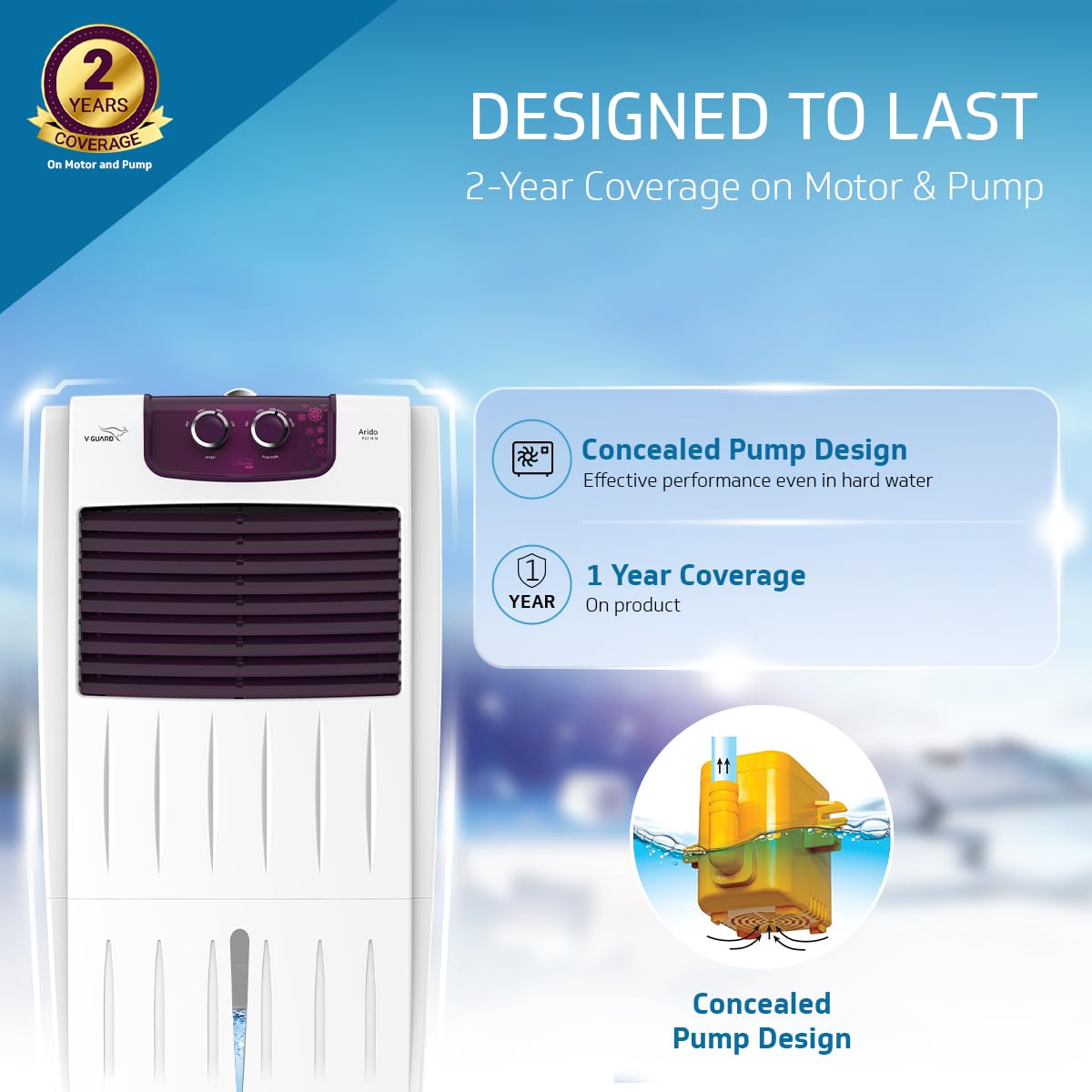 V-Guard Arido P22H-N Personal Air Cooler for Home | Mosquito & Dust Filter | 2 Year Warranty | 22 L (White & Purple burry) 