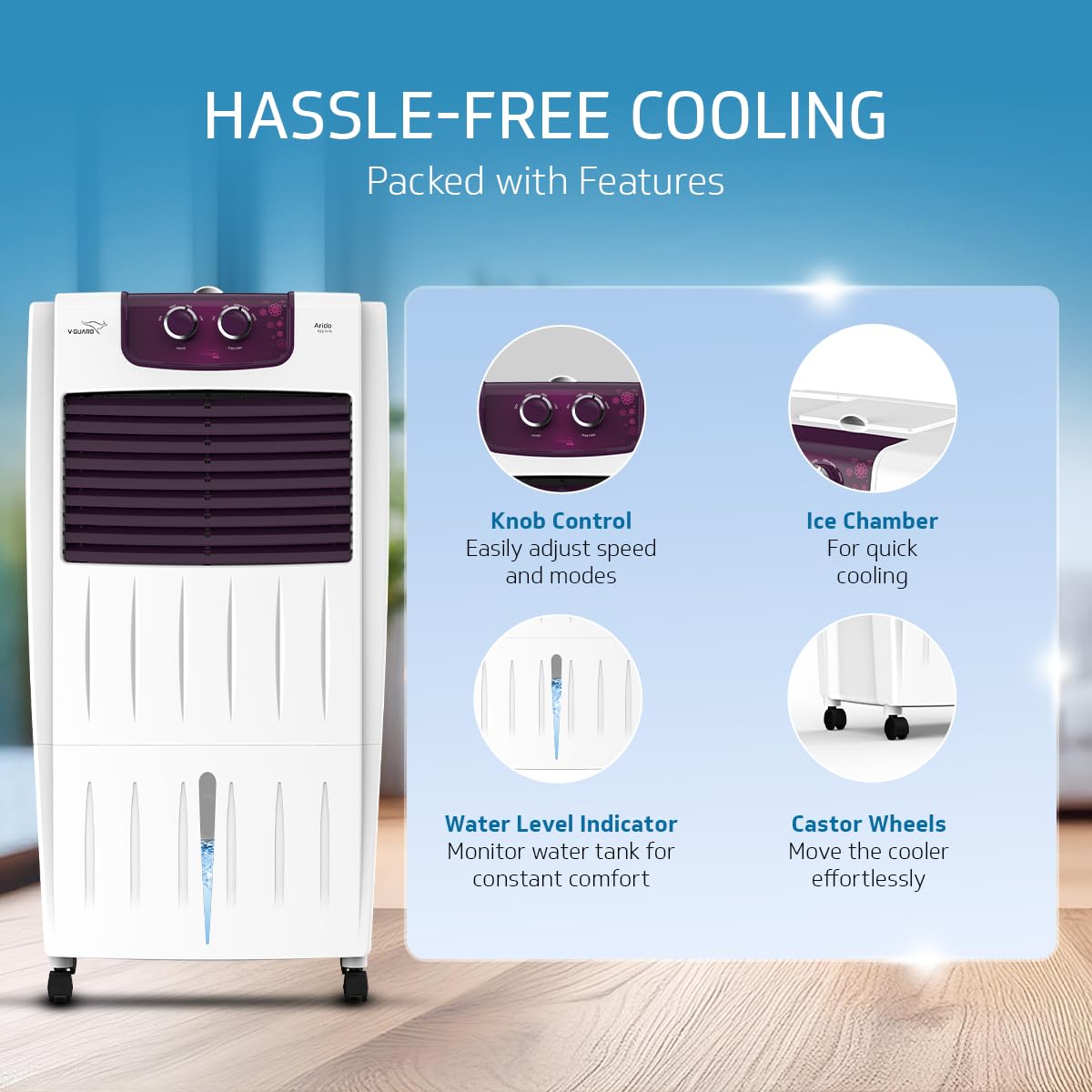 V-Guard Arido P22H-N Personal Air Cooler for Home | Mosquito & Dust Filter | 2 Year Warranty | 22 L (White & Purple burry) 