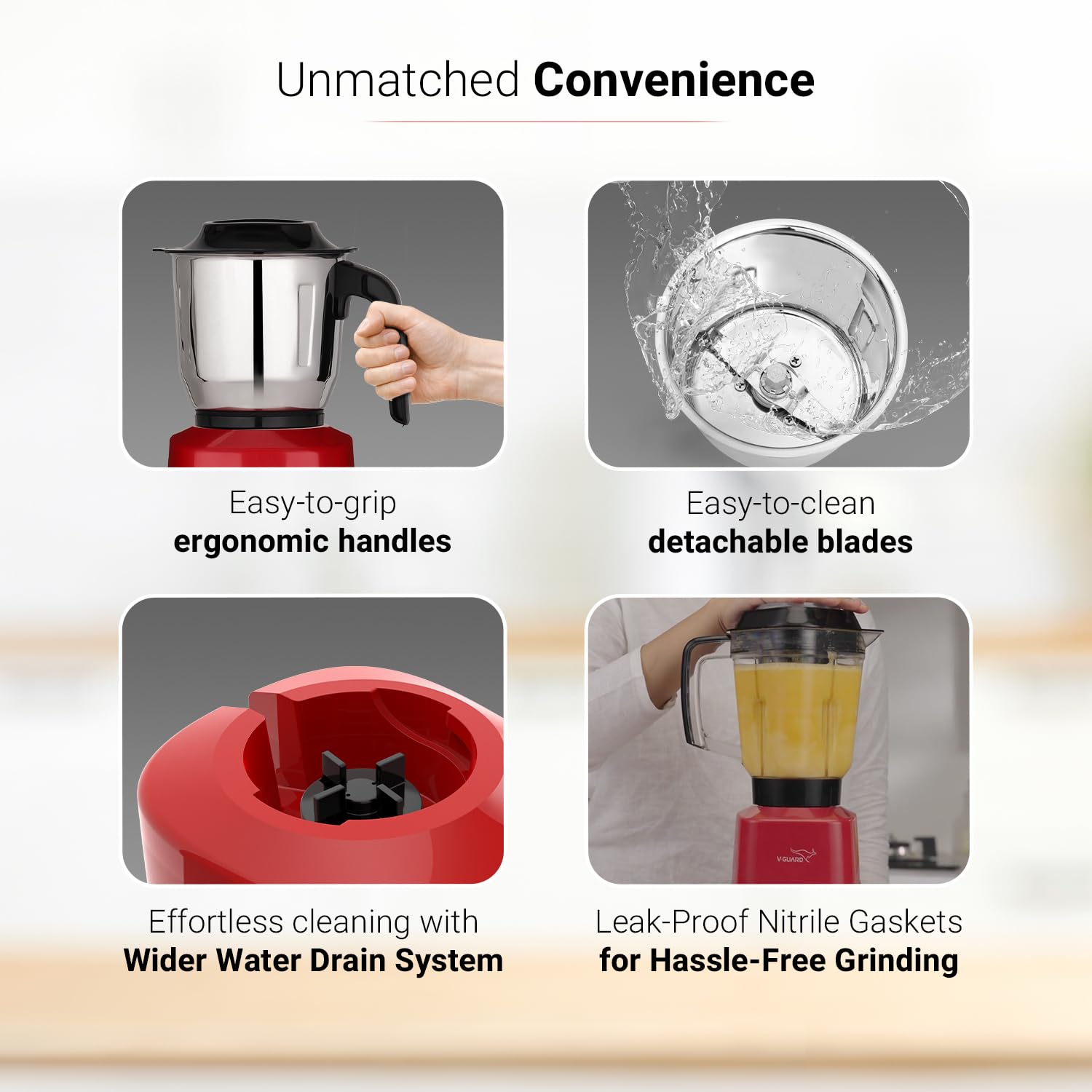 V-Guard Brillio 750 Watt Juicer Mixer Grinder, 3 Year Motor Coverage by V-Guard, 4 Jars(Chutney, Dry, Wet & Juicer), Sturdy Juicer Jar With Quadraflow Design, Precisionblend Ss Blades, Mars Red 