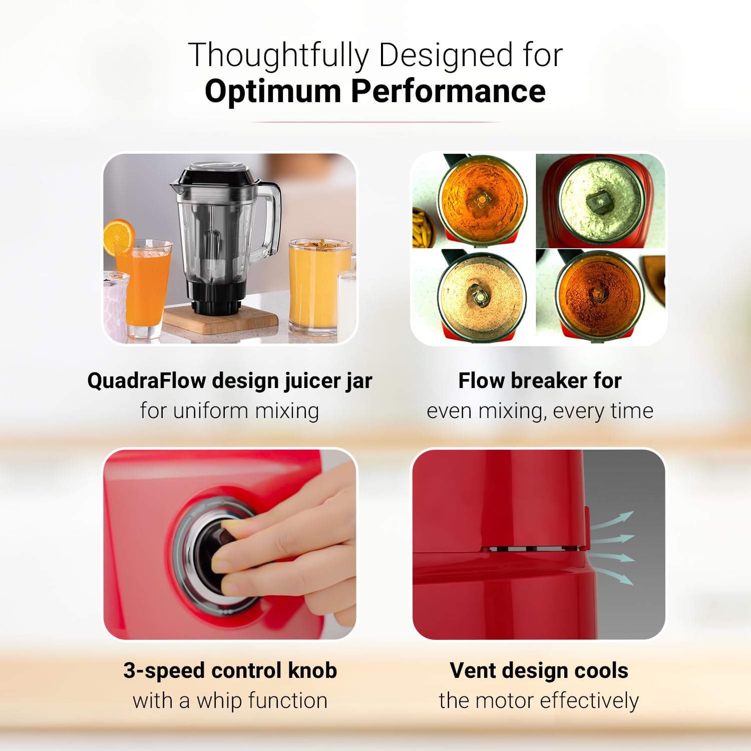 V-Guard Brillio 750 Watt Juicer Mixer Grinder, 3 Year Motor Coverage by V-Guard, 4 Jars(Chutney, Dry, Wet & Juicer), Sturdy Juicer Jar With Quadraflow Design, Precisionblend Ss Blades, Mars Red 