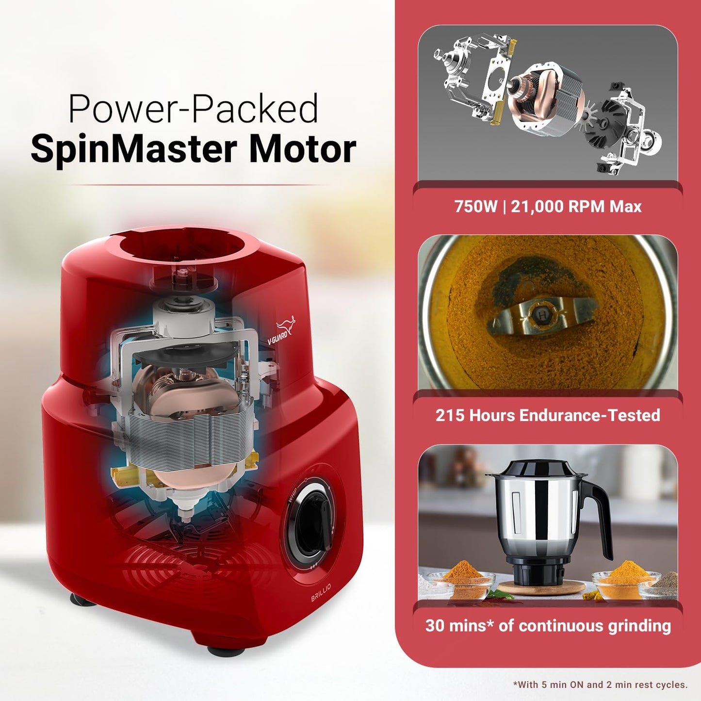 V-Guard Brillio 750 Watt Juicer Mixer Grinder, 3 Year Motor Coverage by V-Guard, 4 Jars(Chutney, Dry, Wet & Juicer), Sturdy Juicer Jar With Quadraflow Design, Precisionblend Ss Blades, Mars Red 