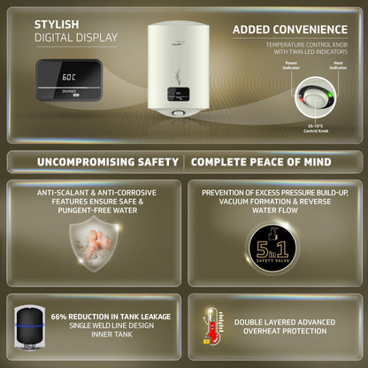 V-Guard Divino DG Geyser 15 Litre Water Heater with Digital Display | Suitable for Hard Water | BEE 5 Star Rating | Advanced 4 layered Safety | 5 Year Inner Tank Warranty by V-Guard 