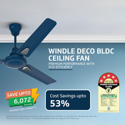 V-Guard Windle Deco BLDC Ceiling Fan for Home | 5-Star Rated Energy Efficient | Remote Control |1.2 meters | Admiral Blue 
