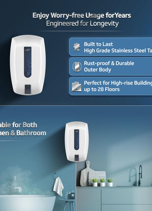 V-Guard Zio Geyser 5 Litre Instant Water Heater | Advanced Multi-Layered Safety | 3000 W Powerful Heating | Suitable For Kitchen & Bathroom | 5 Year Inner Tank Warranty by V-Guard | White-Blue 