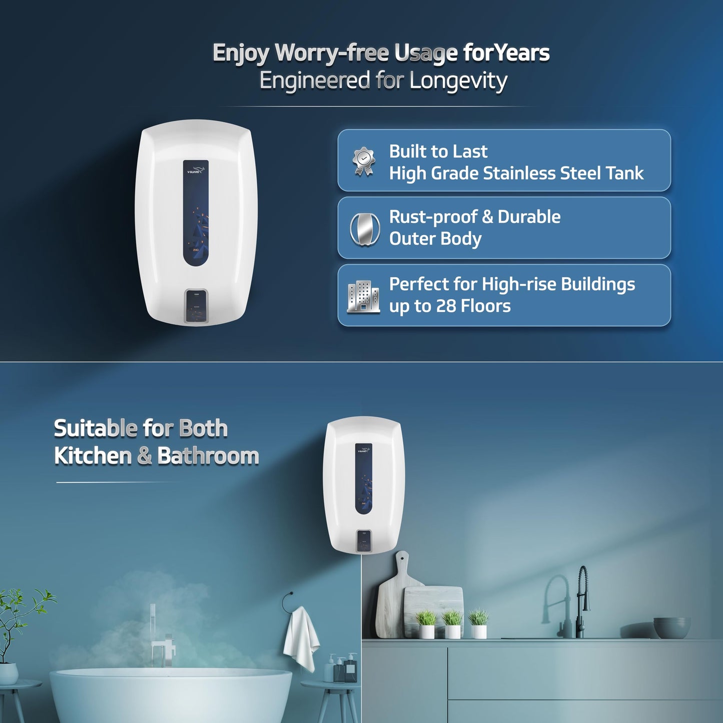 V-Guard Zio Geyser 5 Litre Instant Water Heater | Advanced Multi-Layered Safety | 3000 W Powerful Heating | Suitable For Kitchen & Bathroom | 5 Year Inner Tank Warranty by V-Guard | White-Blue 