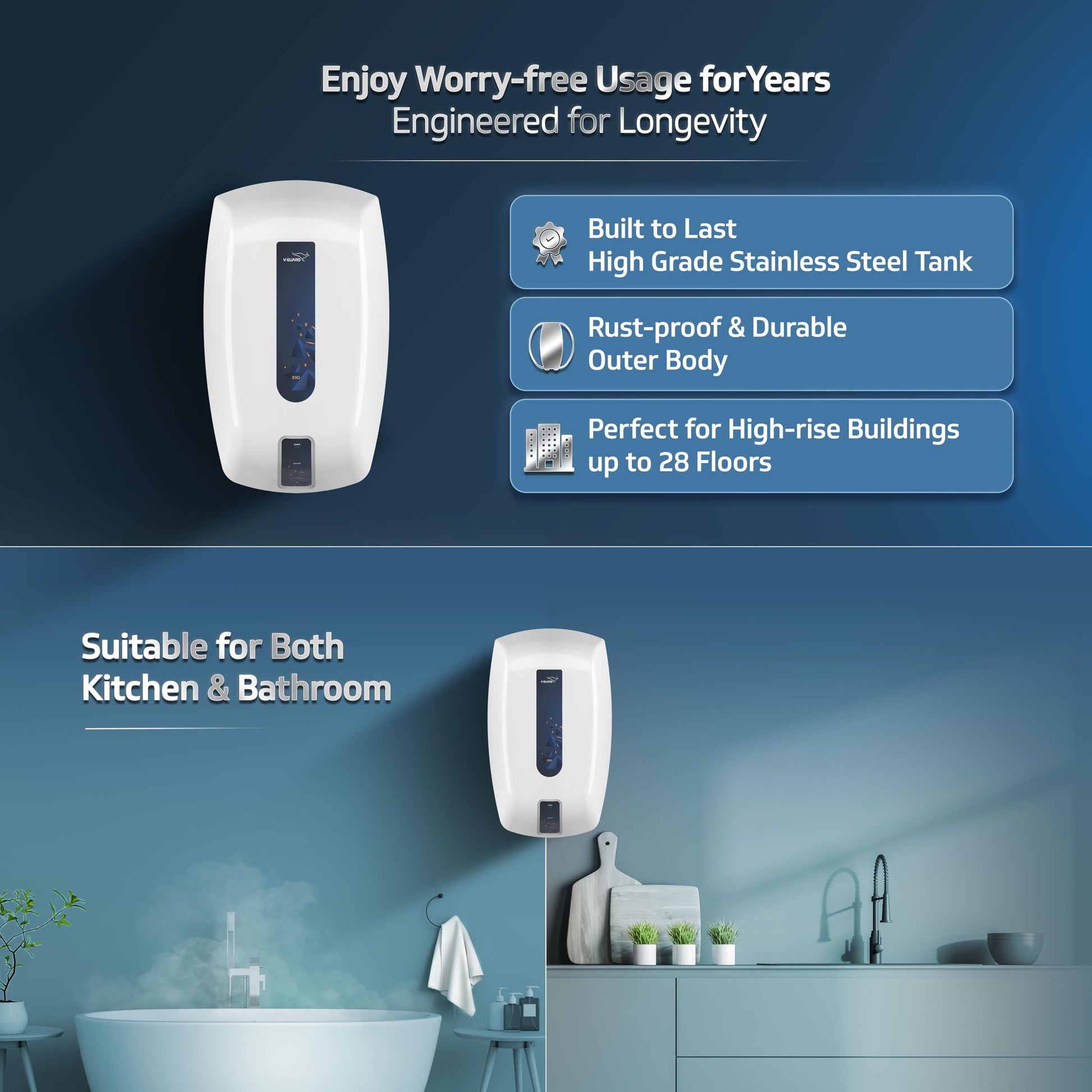 V-Guard Zio Geyser 5 Litre Instant Water Heater | Advanced Multi-Layered Safety | 3000 W Powerful Heating | Suitable For Kitchen & Bathroom | 5 Year Inner Tank Warranty by V-Guard | White-Blue 