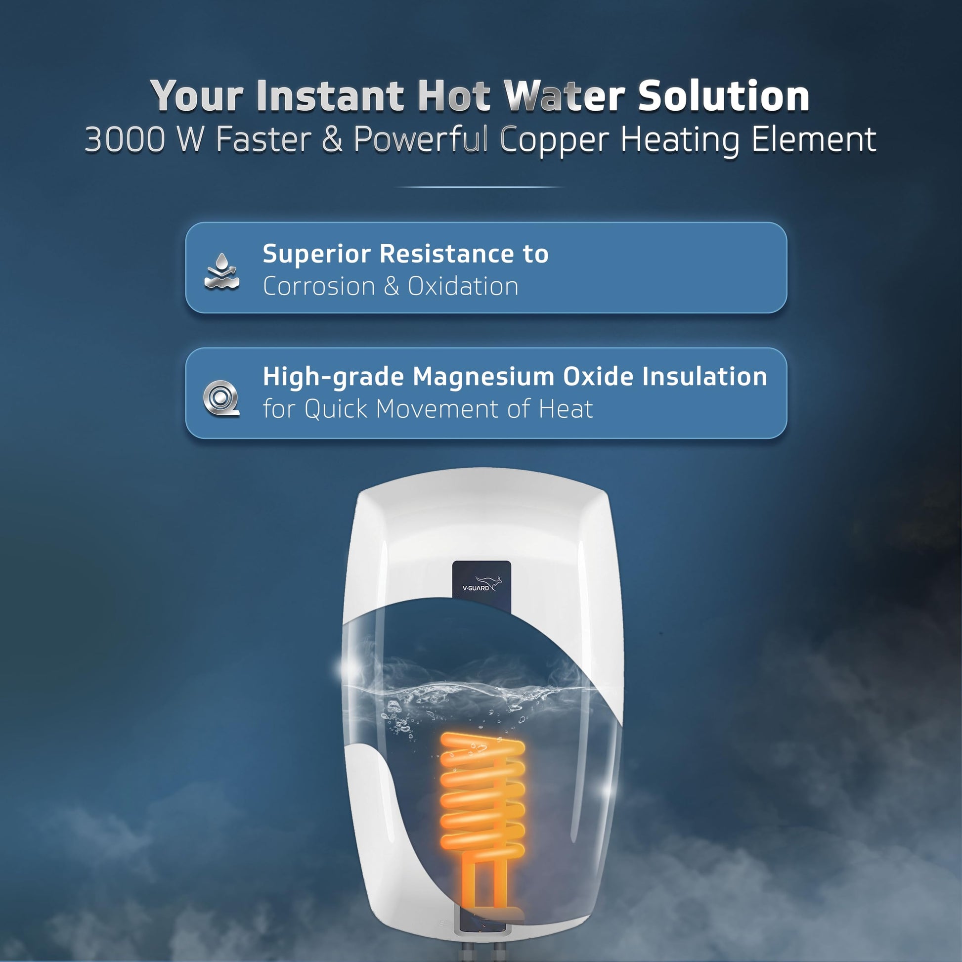 V-Guard Zio Geyser 5 Litre Instant Water Heater | Advanced Multi-Layered Safety | 3000 W Powerful Heating | Suitable For Kitchen & Bathroom | 5 Year Inner Tank Warranty by V-Guard | White-Blue 