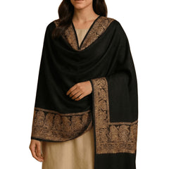 VANDNA INTERNATIONALTRADERS Kashmiri Tilla/Zari Embroidered Black Wool/Pashmina Shawl for Women - Luxurious Ethnic Indian Wedding Wrap Scarf | Traditional Border Design | Winter Warm Stole.(Black) 