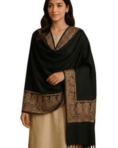 VANDNA INTERNATIONALTRADERS Kashmiri Tilla/Zari Embroidered Black Wool/Pashmina Shawl for Women - Luxurious Ethnic Indian Wedding Wrap Scarf | Traditional Border Design | Winter Warm Stole.(Black) 