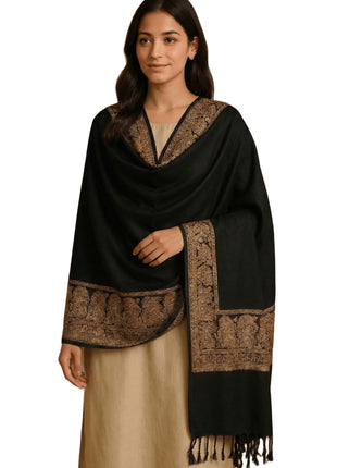 VANDNA INTERNATIONALTRADERS Kashmiri Tilla/Zari Embroidered Black Wool/Pashmina Shawl for Women - Luxurious Ethnic Indian Wedding Wrap Scarf | Traditional Border Design | Winter Warm Stole.(Black) 