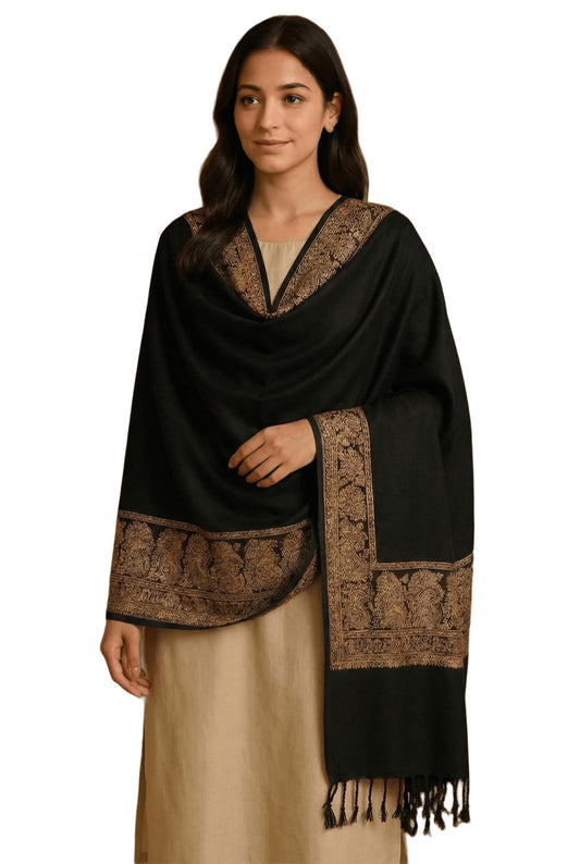 VANDNA INTERNATIONALTRADERS Kashmiri Tilla/Zari Embroidered Black Wool/Pashmina Shawl for Women - Luxurious Ethnic Indian Wedding Wrap Scarf | Traditional Border Design | Winter Warm Stole.(Black) 