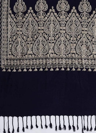 VANDNA INTERNATIONALTRADERS Kashmiri Tilla/Zari Embroidered Black Wool/Pashmina Shawl for Women - Luxurious Ethnic Indian Wedding Wrap Scarf | Traditional Border Design | Winter Warm Stole.(Black) 