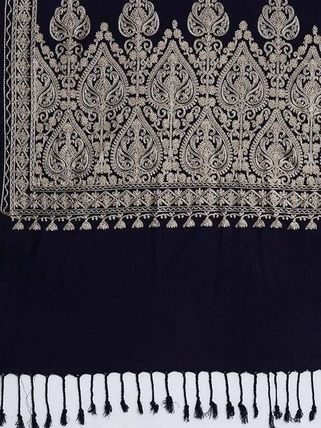 VANDNA INTERNATIONALTRADERS Kashmiri Tilla/Zari Embroidered Black Wool/Pashmina Shawl for Women - Luxurious Ethnic Indian Wedding Wrap Scarf | Traditional Border Design | Winter Warm Stole.(Black) 