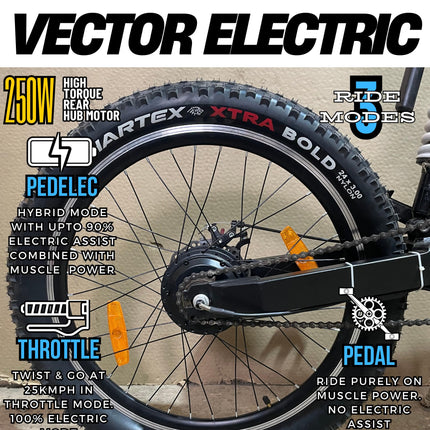 VECTOR ELECTRIC E-MTB Stealth Bike – 250W Hub Motor, 36V 10.4Ah Battery, Dual Suspension, Off-Road Tires – High-Performance 