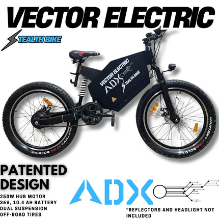 VECTOR ELECTRIC E-MTB Stealth Bike – 250W Hub Motor, 36V 10.4Ah Battery, Dual Suspension, Off-Road Tires – High-Performance 
