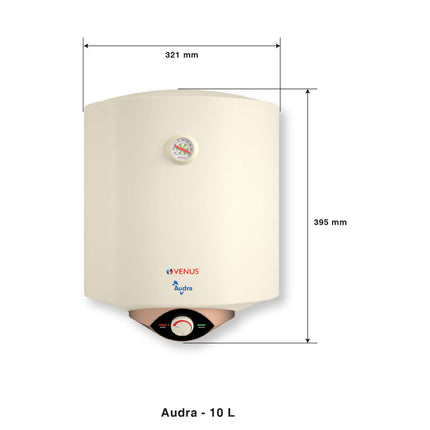 VENUS Audra 10AV 10-Litre (Ivory) Water Heater, Porcelain Enamelled Glass Lined Tank | BEE Star Rating - 5 Stars:ISI | Free Flexible Hose | Guarantee -7 Years on Inner Tank. 