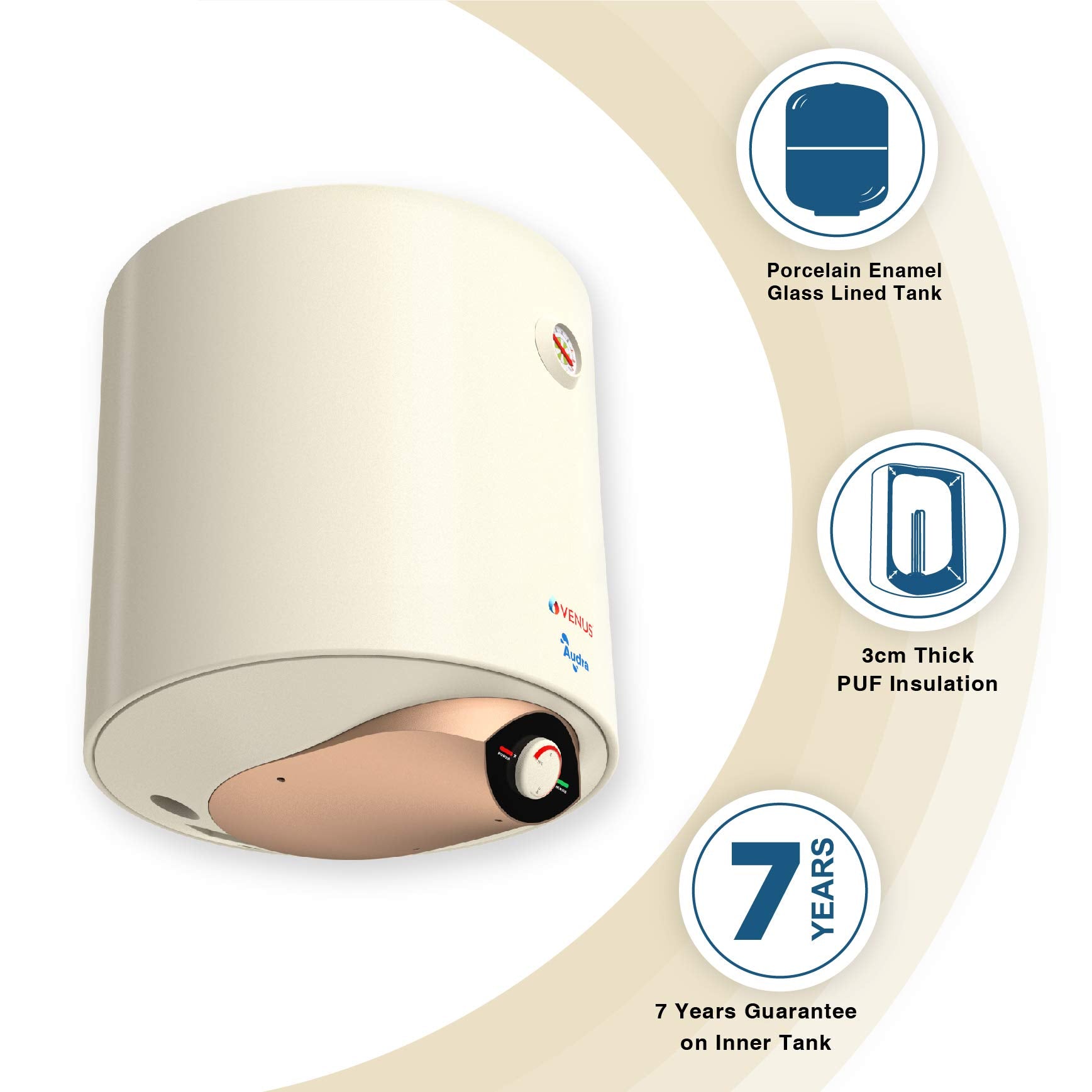 VENUS Audra 10AV 10-Litre (Ivory) Water Heater, Porcelain Enamelled Glass Lined Tank | BEE Star Rating - 5 Stars:ISI | Free Flexible Hose | Guarantee -7 Years on Inner Tank. 