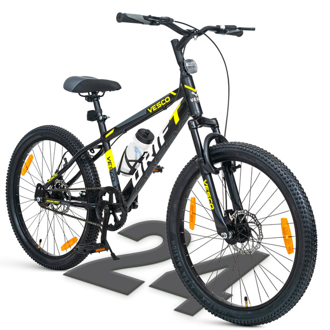 VESCO 24 T Drift Cycle for Big Kids MTB Mountain Bike | Dual Disk Brake & Front Suspension Single Speed Bicycle for Boys and Girls | 16 inches Frame | Ideal for 9-14 Years (Black) 