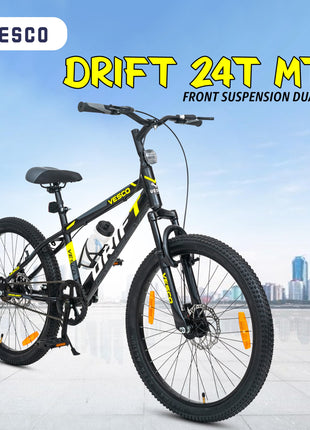 VESCO 24 T Drift Cycle for Big Kids MTB Mountain Bike | Dual Disk Brake & Front Suspension Single Speed Bicycle for Boys and Girls | 16 inches Frame | Ideal for 9-14 Years (Black) 