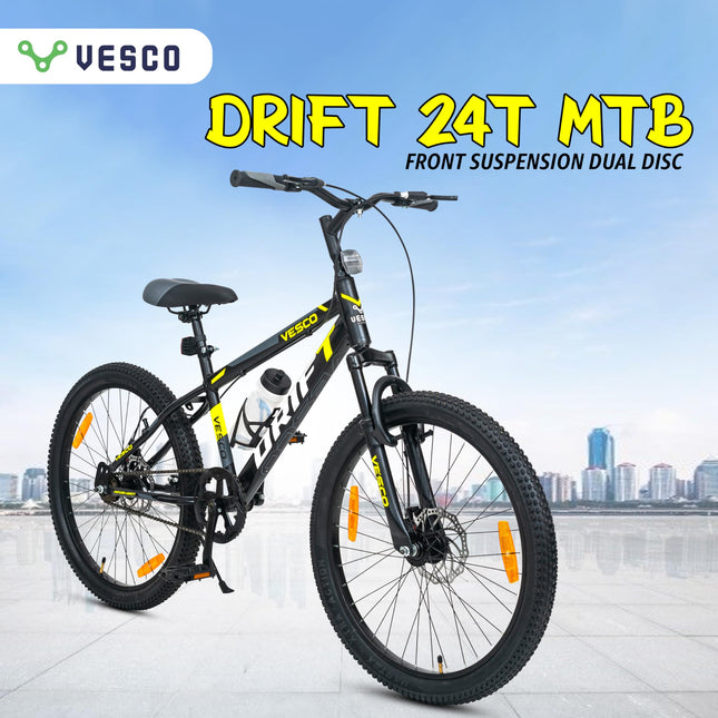 VESCO 24 T Drift Cycle for Big Kids MTB Mountain Bike | Dual Disk Brake & Front Suspension Single Speed Bicycle for Boys and Girls | 16 inches Frame | Ideal for 9-14 Years (Black) 