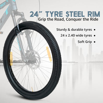 VESCO 24 T Drift Cycle for Big Kids MTB Mountain Bike | Dual Disk Brake & Front Suspension Single Speed Bicycle for Boys and Girls | 16 inches Frame | Ideal for 9-14 Years (Grey) 