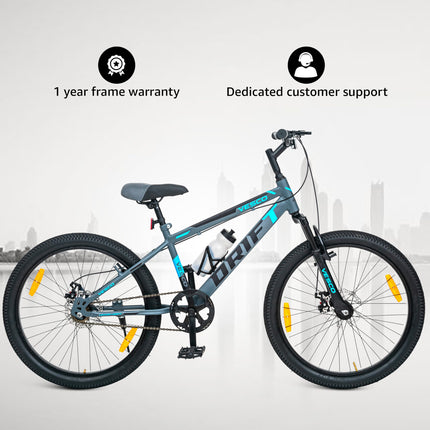 VESCO 24 T Drift Cycle for Big Kids MTB Mountain Bike | Dual Disk Brake & Front Suspension Single Speed Bicycle for Boys and Girls | 16 inches Frame | Ideal for 9-14 Years (Grey) 