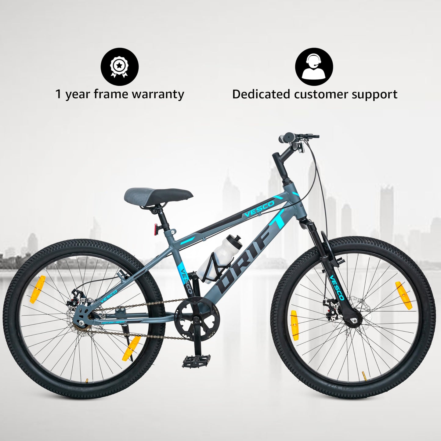 VESCO 24 T Drift Cycle for Big Kids MTB Mountain Bike | Dual Disk Brake & Front Suspension Single Speed Bicycle for Boys and Girls | 16 inches Frame | Ideal for 9-14 Years (Grey) 