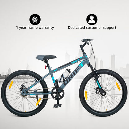 VESCO 24 T Drift Cycle for Big Kids MTB Mountain Bike | Dual Disk Brake & Front Suspension Single Speed Bicycle for Boys and Girls | 16 inches Frame | Ideal for 9-14 Years (Grey) 