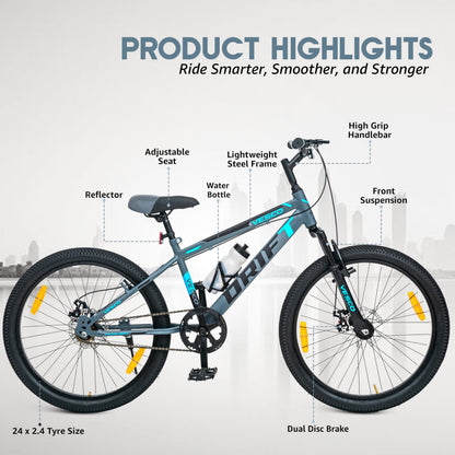VESCO 24 T Drift Cycle for Big Kids MTB Mountain Bike | Dual Disk Brake & Front Suspension Single Speed Bicycle for Boys and Girls | 16 inches Frame | Ideal for 9-14 Years (Grey) 